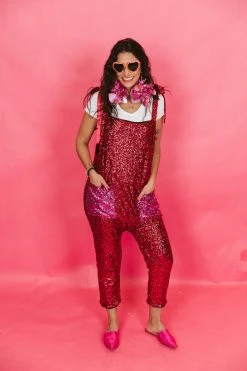 Fringe Co Sequin Collection Red And Pink Sequin Party Jumpsuit