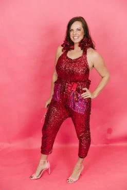 Fringe Co Sequin Collection Red And Pink Sequin Party Jumpsuit