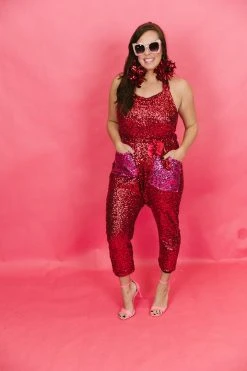 Fringe Co Sequin Collection Red And Pink Sequin Party Jumpsuit