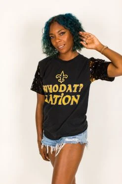 Fringe Co Who Dat Nation Black And Gold Sequin Sleeve Party Tee