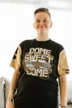 Fringe Co Party Collection Dome Sweet Dome Saints Gold And Black Sequin Sleeve Party Tee