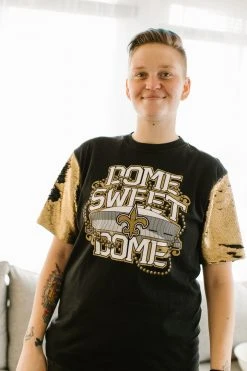 Fringe Co Party Collection Dome Sweet Dome Saints Gold And Black Sequin Sleeve Party Tee
