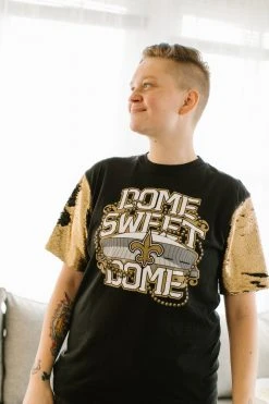 Fringe Co Party Collection Dome Sweet Dome Saints Gold And Black Sequin Sleeve Party Tee