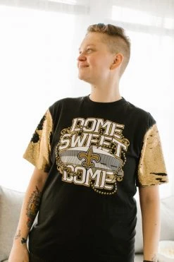 Fringe Co Party Collection Dome Sweet Dome Saints Gold And Black Sequin Sleeve Party Tee