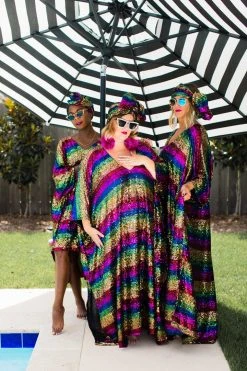Fringe Co Caftan Club Collection Rainbow Stripe Sequin Long Caftan