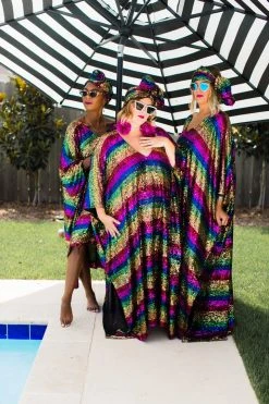 Fringe Co Caftan Club Collection Rainbow Stripe Sequin Long Caftan