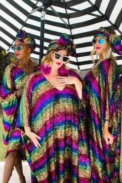 Fringe Co Caftan Club Collection Rainbow Stripe Sequin Long Caftan