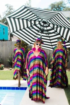 Fringe Co Caftan Club Collection Rainbow Stripe Sequin Long Caftan