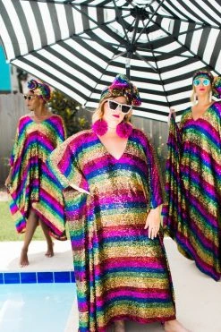 Fringe Co Caftan Club Collection Rainbow Stripe Sequin Long Caftan