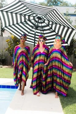 Fringe Co Caftan Club Collection Rainbow Stripe Sequin Long Caftan