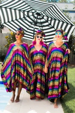 Fringe Co Caftan Club Collection Rainbow Stripe Sequin Long Caftan