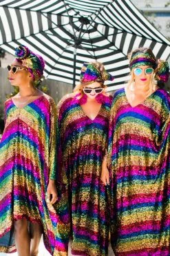 Fringe Co Caftan Club Collection Rainbow Stripe Sequin Long Caftan