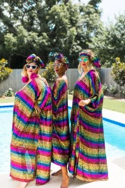 Fringe Co Caftan Club Collection Rainbow Stripe Sequin Long Caftan