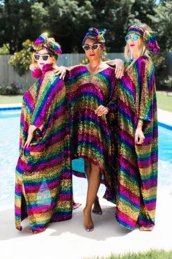 Fringe Co Caftan Club Collection Rainbow Stripe Sequin Long Caftan