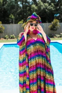 Fringe Co Caftan Club Collection Rainbow Stripe Sequin Long Caftan