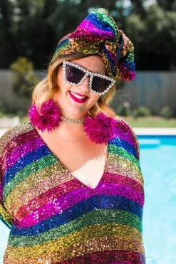 Fringe Co Caftan Club Collection Rainbow Stripe Sequin Long Caftan