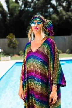 Fringe Co Caftan Club Collection Rainbow Stripe Sequin Long Caftan