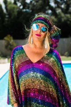 Fringe Co Caftan Club Collection Rainbow Stripe Sequin Long Caftan