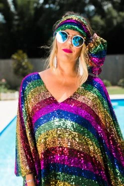 Fringe Co Caftan Club Collection Rainbow Stripe Sequin Long Caftan