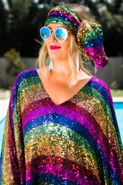 Fringe Co Caftan Club Collection Rainbow Stripe Sequin Long Caftan