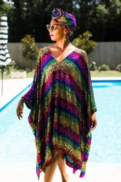 Fringe Co Rainbow Stripe Sequin Short Caftan Caftan Club Collection