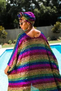 Fringe Co Caftan Club Collection Rainbow Stripe Sequin Long Caftan