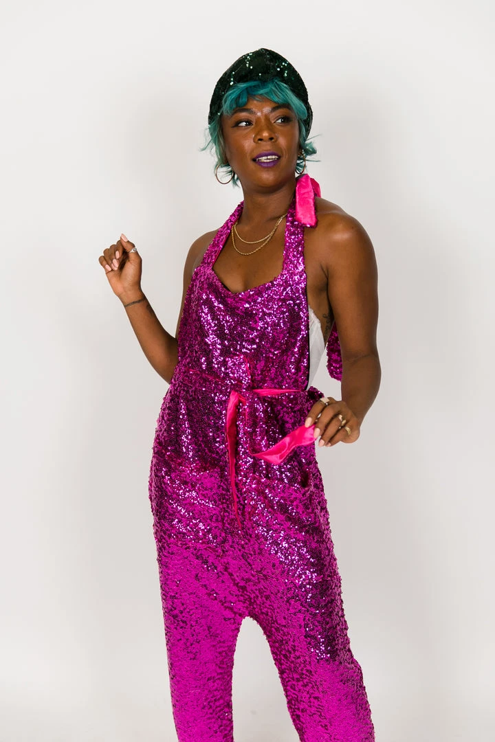Fringe Co Sequin Collection Bright Pink Sequin Party Jumpsuit 1 Fringe Co Sequin Collection Bright Pink Sequin Party Jumpsuit