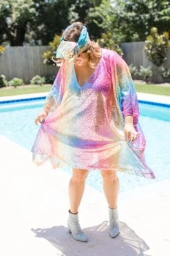 Fringe Co Caftan Club Collection Rainbow Ombre Sequin Short Caftan