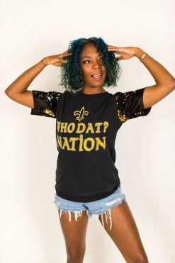 Fringe Co Who Dat Nation Black And Gold Sequin Sleeve Party Tee