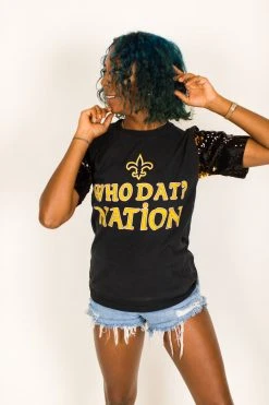 Fringe Co Who Dat Nation Black And Gold Sequin Sleeve Party Tee