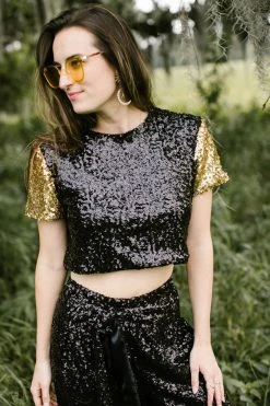 Fringe Co Sequin Collection Gold And Black Sequin Crop Top