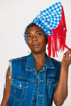 Fringe Co Blue And White Check With Red Fringe Trim Party Wrap Party Wraps