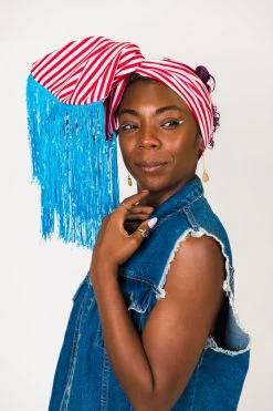 Fringe Co Party Wraps Red And White Stripe With Blue Sequin Fringe Trim Party Wrap