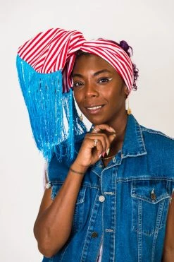 Fringe Co Party Wraps Red And White Stripe With Blue Sequin Fringe Trim Party Wrap