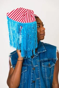 Fringe Co Party Wraps Red And White Stripe With Blue Sequin Fringe Trim Party Wrap