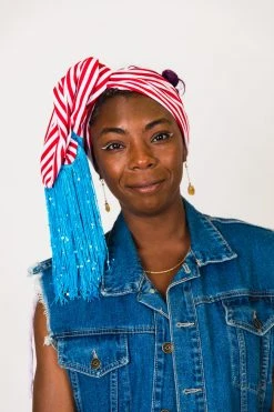 Fringe Co Party Wraps Red And White Stripe With Blue Sequin Fringe Trim Party Wrap