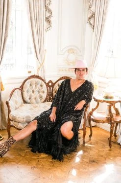 Fringe Co Black Embroidered Sequin And Feather Long Caftan