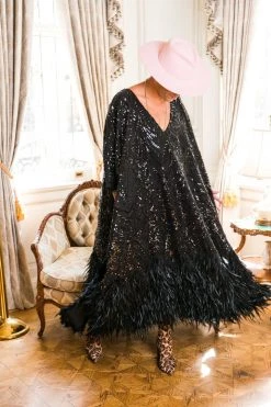 Fringe Co Black Embroidered Sequin And Feather Long Caftan