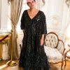 Fringe Co Black Embroidered Sequin And Feather Long Caftan