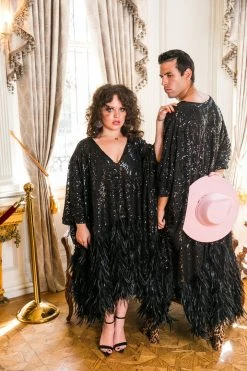 Fringe Co Black Embroidered Sequin And Feather Long Caftan