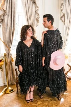 Fringe Co Black Embroidered Sequin And Feather Long Caftan