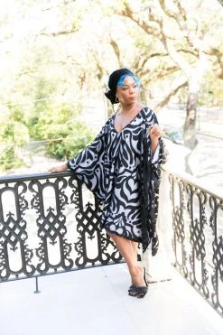 Fringe Co Black Flocked Embroidered Short Caftan Caftan Club Collection