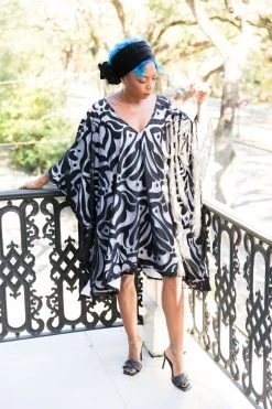 Fringe Co Black Flocked Embroidered Short Caftan Caftan Club Collection