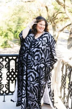 Fringe Co Caftan Club Collection Black Flocked Embroidered Long Caftan