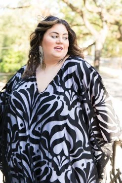 Fringe Co Caftan Club Collection Black Flocked Embroidered Long Caftan
