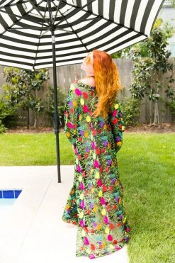 Fringe Co Black Floral Embroidered Long Caftan