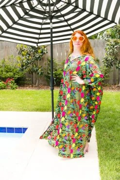 Fringe Co Black Floral Embroidered Long Caftan