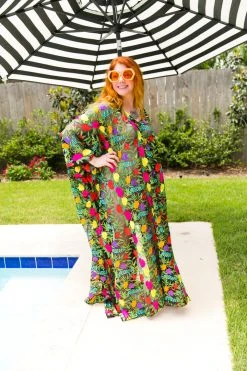 Fringe Co Black Floral Embroidered Long Caftan