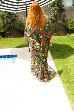 Fringe Co Black Floral Embroidered Long Caftan