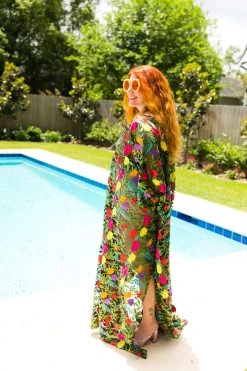 Fringe Co Black Floral Embroidered Long Caftan